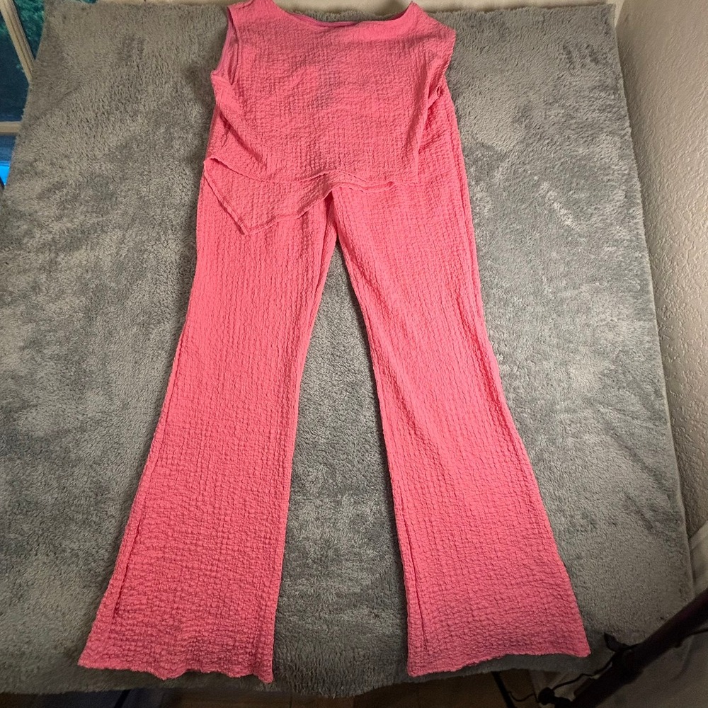 Fashion Nova Pink Textured 2 Piece Set Asymmetrical Top Flare Pants 2X NWT